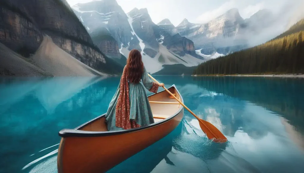 Indo-American woman in salwar kameez canoeing on Moraine Lake.